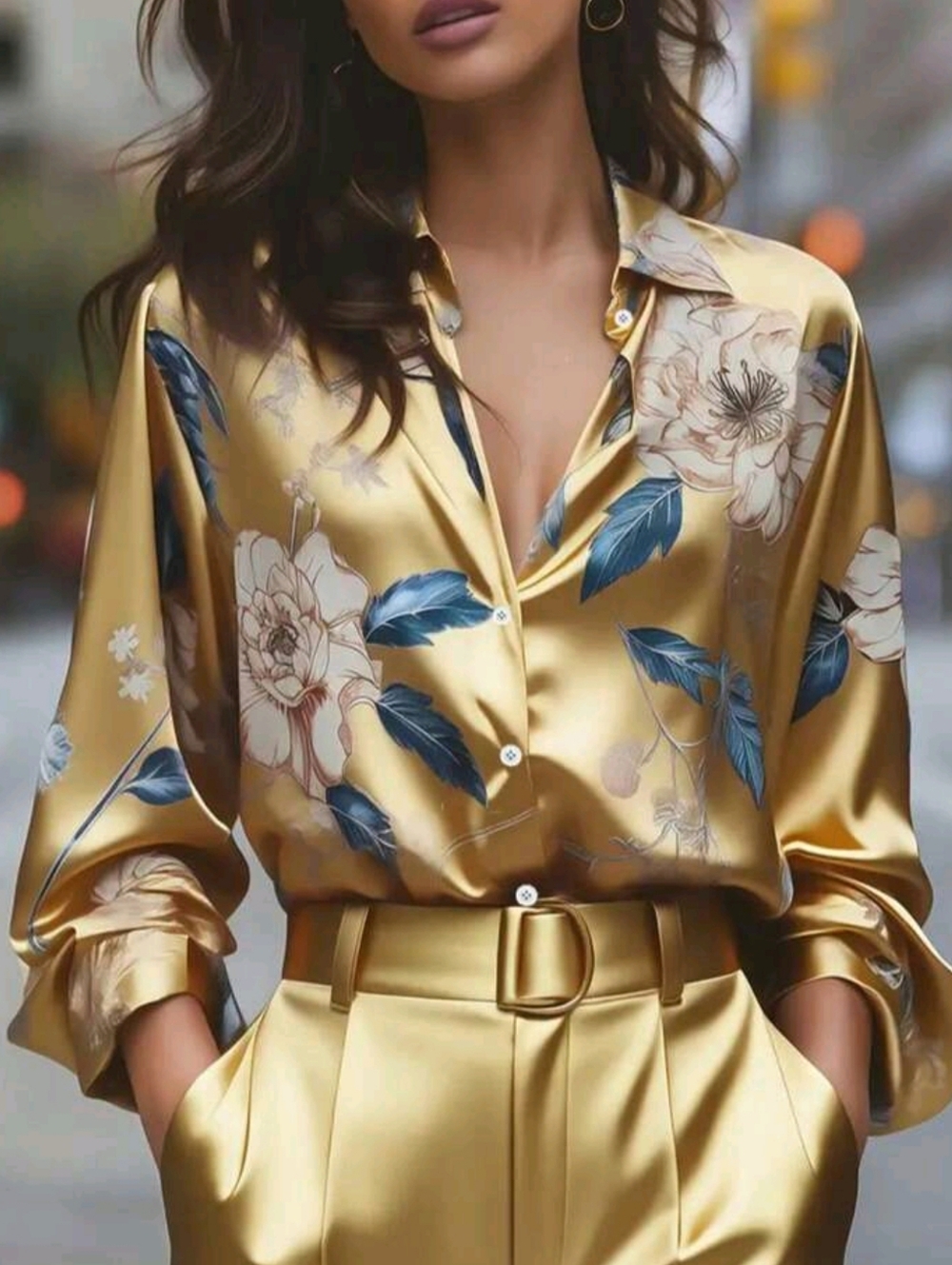 Elegant Women's Floral & Leaf Print Button-Down Shirt, Suitable For Vacation